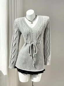 Elamini Sweater Rajut Kabel dengan Sabuk - Light Grey - View 3