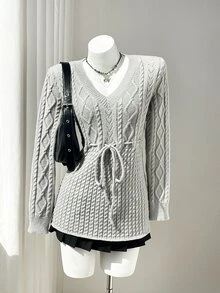 Elamini Sweater Rajut Kabel dengan Sabuk - Light Grey - View 5
