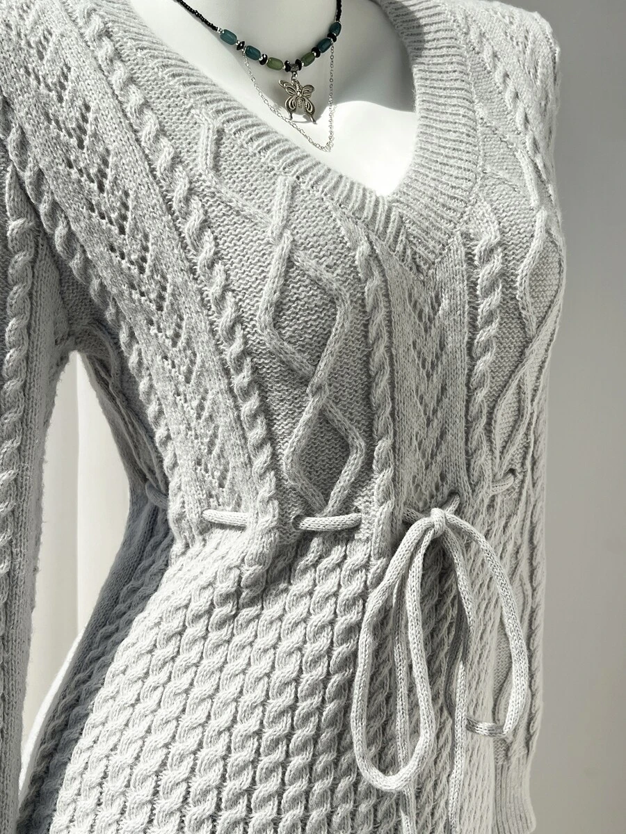 Elamini Sweater Rajut Kabel dengan Sabuk - Light Grey - View 1