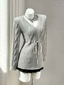 Elamini Sweater Rajut Kabel dengan Sabuk - Light Grey - View 4