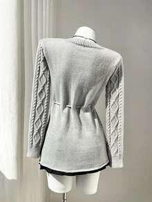 Elamini Sweater Rajut Kabel dengan Sabuk - Light Grey - View 2