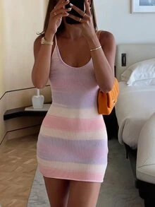 SHEIN LUNE 2026 Pink And White, Short-Length Women's Sweater-Style Dress Party Vacation Beach Summer Sexy Tropical - Multicolor - View 5