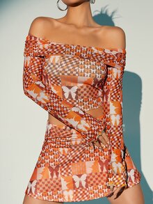 SHEIN X KeniaOs SHEIN ICON 蝴蝶与几何印花露肩短款 T 恤 - 彩色 - 查看 5