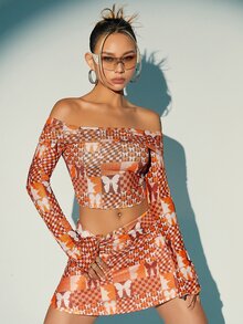 SHEIN X KeniaOs SHEIN ICON 蝴蝶与几何印花露肩短款 T 恤 - 彩色 - 查看 6