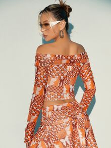SHEIN X KeniaOs SHEIN ICON 蝴蝶与几何印花露肩短款 T 恤 - 彩色 - 查看 7