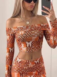 SHEIN X KeniaOs SHEIN ICON 蝴蝶与几何印花露肩短款 T 恤 - 彩色 - 查看 1