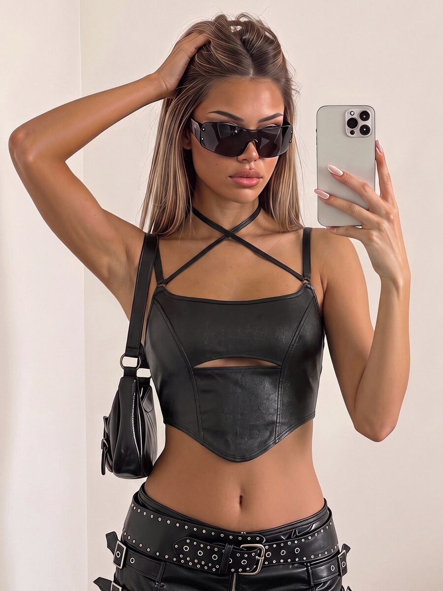 SHEIN X KeniaOs SHEIN ICON 交叉系带露背手帕下摆吊带背心 - 黑色 - 查看 1