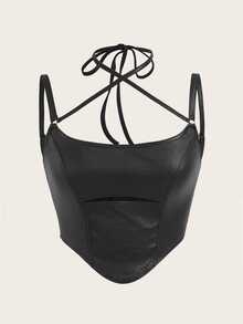 SHEIN X KeniaOs SHEIN ICON 交叉系带露背手帕下摆吊带背心 - 黑色 - 查看 9