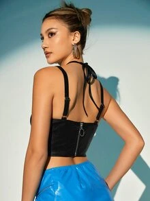 SHEIN X KeniaOs SHEIN ICON 交叉系带露背手帕下摆吊带背心 - 黑色 - 查看 7