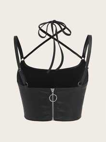 SHEIN X KeniaOs SHEIN ICON 交叉系带露背手帕下摆吊带背心 - 黑色 - 查看 2