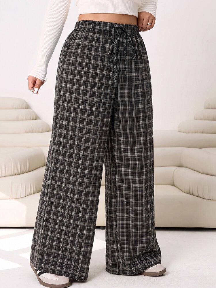 Solflare Plus Size Women's Drawstring Waist Plaid Casual Versatile Everyday Travel Long Pants - Multicolor - View 6