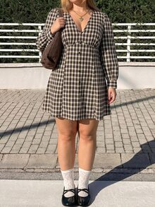 GalTyme Plus Size Korean Style Vacation Plaid Button Dress Fall - Multicolor - View 1