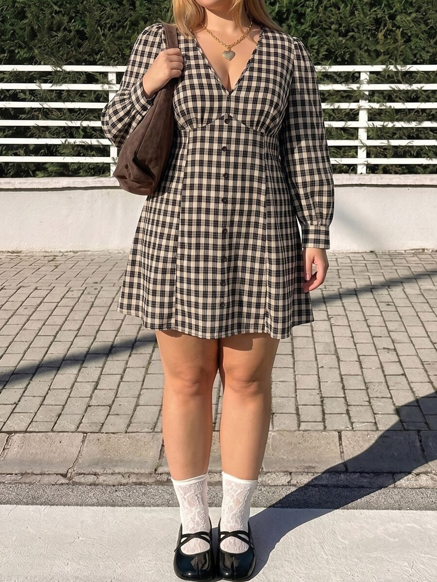 GalTyme Plus Size Korean Style Vacation Plaid Button Dress Fall - Multicolor - View 1