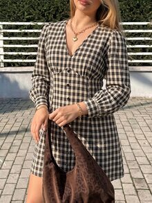 GalTyme Plus Size Korean Style Vacation Plaid Button Dress Fall - Multicolor - View 4