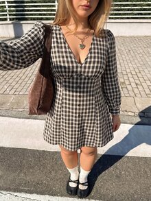 GalTyme Plus Size Korean Style Vacation Plaid Button Dress Fall - Multicolor - View 5