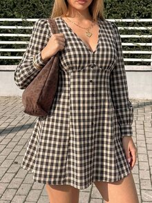 GalTyme Plus Size Korean Style Vacation Plaid Button Dress Fall - Multicolor - View 3