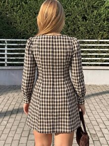 GalTyme Plus Size Korean Style Vacation Plaid Button Dress Fall - Multicolor - View 2