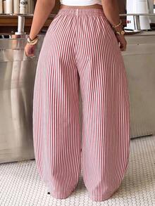 Muchica Plus Size Women's White Colorblock Drawstring Waist Loose Casual Pants Vacation Brunch Office Autumn Fall - Red and White - View 2