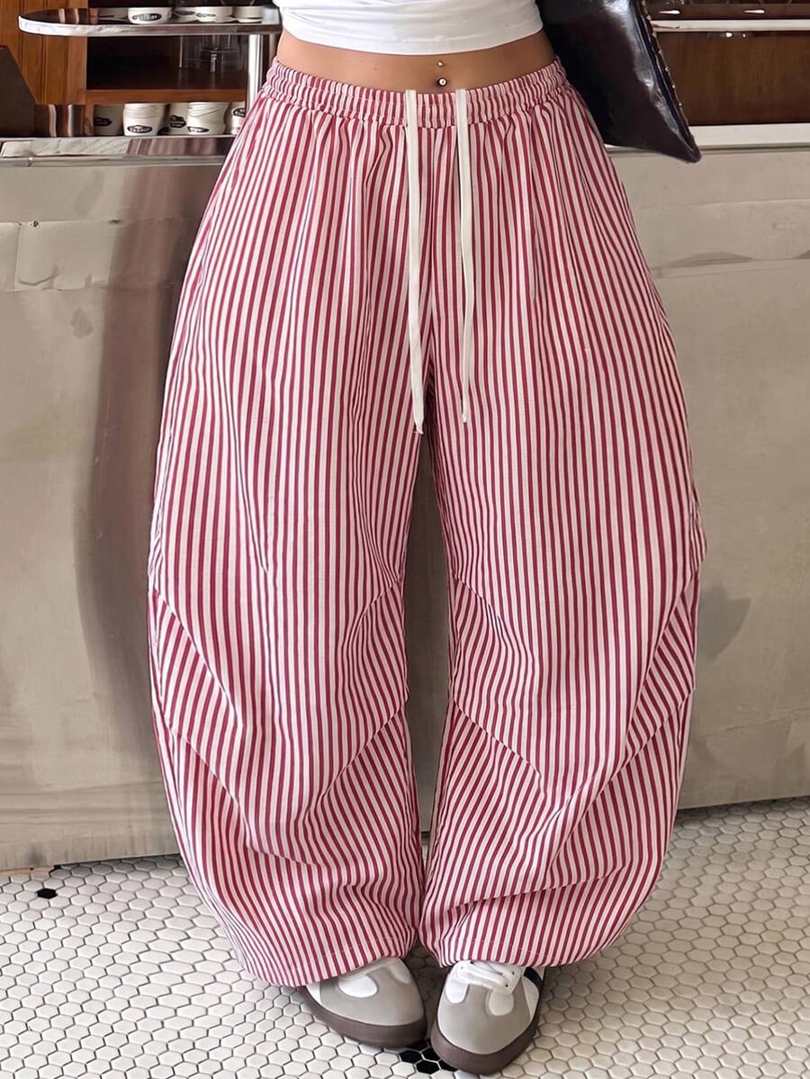 Muchica Plus Size Women's White Colorblock Drawstring Waist Loose Casual Pants Vacation Brunch Office Autumn Fall - Red and White - View 1