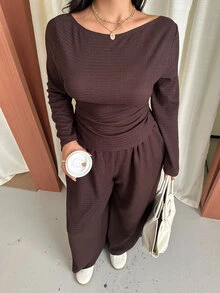 GalTyme 大尺碼純色紋理上衣與長褲兩件套 - 咖啡棕 - 查看 6