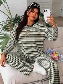 SHEIN EZwear 大尺碼女款鼠尾草綠落肩長袖T恤與長褲休閒套裝，適合秋季正式場合、度假與外出 - 彩色 - 查看 3