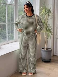 SHEIN EZwear 大尺碼女款鼠尾草綠落肩長袖T恤與長褲休閒套裝，適合秋季正式場合、度假與外出 - 彩色 - 查看 5