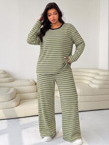 SHEIN EZwear 大尺碼女款鼠尾草綠落肩長袖T恤與長褲休閒套裝，適合秋季正式場合、度假與外出 - 彩色 - 查看 6