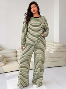 SHEIN EZwear 大尺碼女款鼠尾草綠落肩長袖T恤與長褲休閒套裝，適合秋季正式場合、度假與外出 - 彩色 - 查看 7