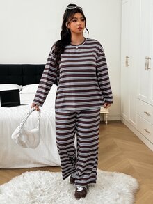 SHEIN EZwear 大尺碼女款條紋長袖上衣與長褲休閒日常兩件套 秋季 - 彩色 - 查看 8