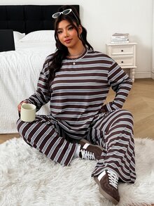 SHEIN EZwear 大尺碼女款條紋長袖上衣與長褲休閒日常兩件套 秋季 - 彩色 - 查看 4
