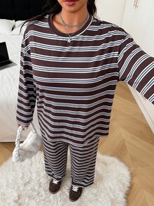 SHEIN EZwear 大尺碼女款條紋長袖上衣與長褲休閒日常兩件套 秋季 - 彩色 - 查看 7