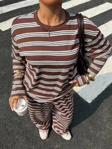 SHEIN EZwear 大尺碼女款條紋長袖上衣與長褲休閒日常兩件套 秋季 - 彩色 - 查看 5