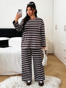 SHEIN EZwear 大尺碼女款條紋長袖上衣與長褲休閒日常兩件套 秋季 - 彩色 - 查看 6