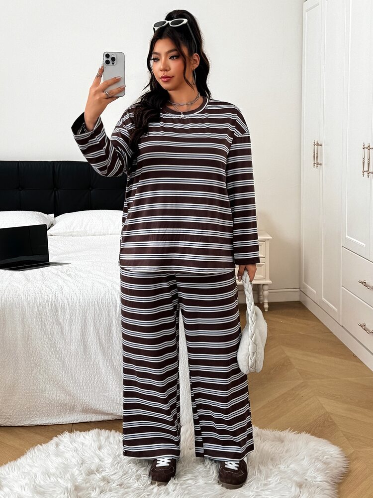 SHEIN EZwear Plus Size Women's Striped Long Sleeve Top And Pants Casual Everyday 2 Pieces Set Fall - Multicolor - View 6