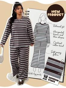SHEIN EZwear 大尺碼女款條紋長袖上衣與長褲休閒日常兩件套 秋季 - 彩色 - 查看 3