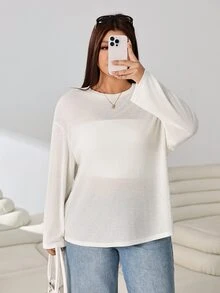 Solflare Plus Size Women's Solid Color Casual Versatile Long Sleeve T-Shirt For Daily Wear Fall - Beige - View 7