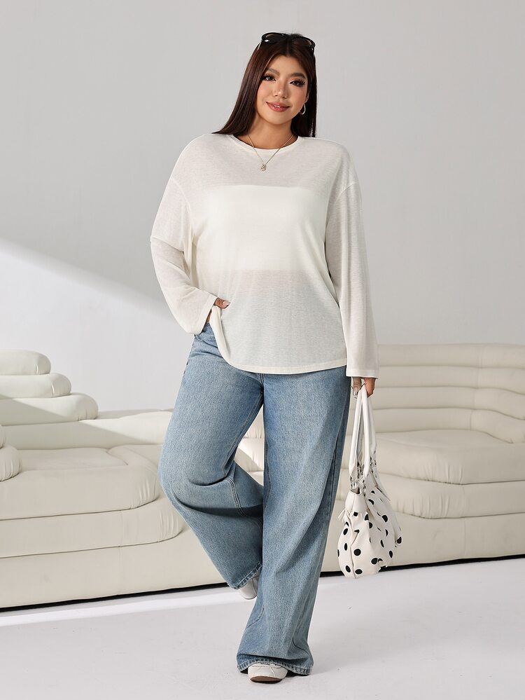 Solflare Plus Size Women's Solid Color Casual Versatile Long Sleeve T-Shirt For Daily Wear Fall - Beige - View 5