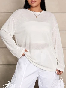 Solflare Plus Size Women's Solid Color Casual Versatile Long Sleeve T-Shirt For Daily Wear Fall - Beige - View 2