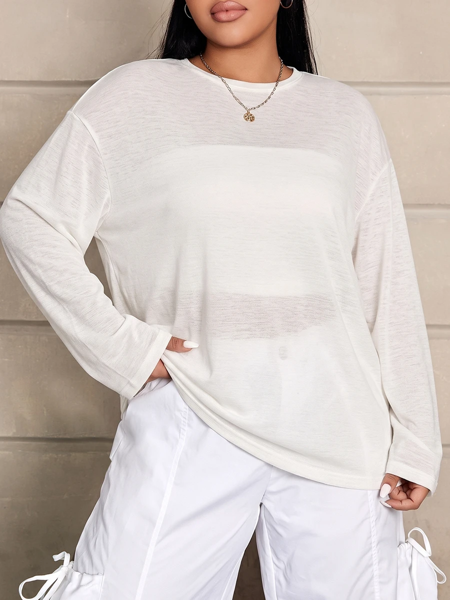 Solflare Plus Size Women's Solid Color Casual Versatile Long Sleeve T-Shirt For Daily Wear Fall