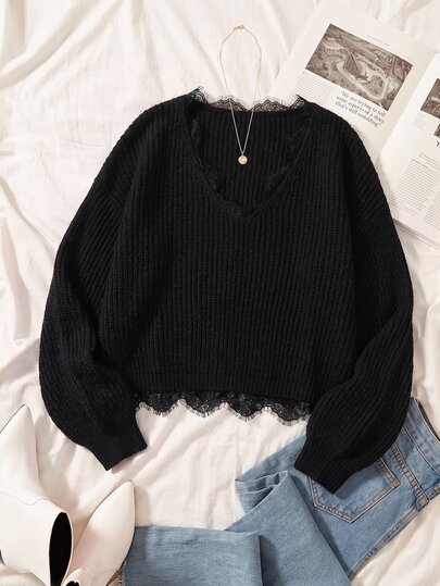 Solflare Plus Size Women's Solid Color Contrast Lace Long Sleeve Pullover Sweater Vacation Dinner Office Black Autumn Elegant