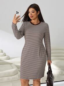 Solflare Gaun Wanita Plus Size Motif Garis Kerah Bulat Lengan Panjang Kasual Tradisional Elegan Lembut Pas Badan untuk Guru Liburan Formal Cokelat Musim Gugur - MultiWarna - View 6
