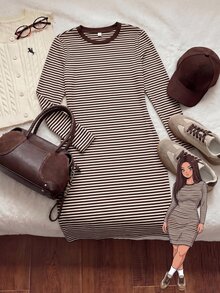 Solflare Gaun Wanita Plus Size Motif Garis Kerah Bulat Lengan Panjang Kasual Tradisional Elegan Lembut Pas Badan untuk Guru Liburan Formal Cokelat Musim Gugur - MultiWarna - View 2