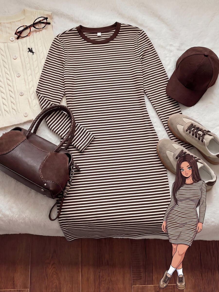 Solflare Gaun Wanita Plus Size Motif Garis Kerah Bulat Lengan Panjang Kasual Tradisional Elegan Lembut Pas Badan untuk Guru Liburan Formal Cokelat Musim Gugur