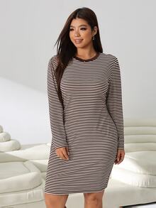 Solflare Gaun Wanita Plus Size Motif Garis Kerah Bulat Lengan Panjang Kasual Tradisional Elegan Lembut Pas Badan untuk Guru Liburan Formal Cokelat Musim Gugur - MultiWarna - View 4