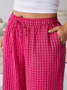Solflare Plus Size Women's Plaid Drawstring Waist Casual Versatile Wide Leg Pants For Daily Wear - Multicolor - View 5