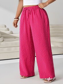 Solflare Plus Size Women's Plaid Drawstring Waist Casual Versatile Wide Leg Pants For Daily Wear - Multicolor - View 3