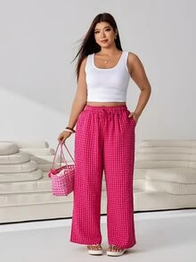 Solflare Plus Size Women's Plaid Drawstring Waist Casual Versatile Wide Leg Pants For Daily Wear - Multicolor - View 6