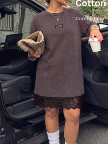 Muchica Plus Size Women's Lace Patchwork Casual Daily Summer Dress - Chocolate Brown - View 1