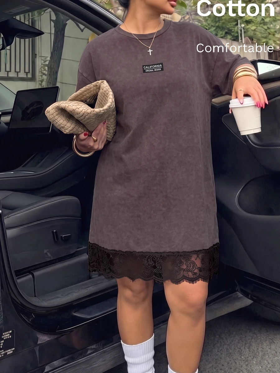 Muchica Plus Size Women's Lace Patchwork Casual Daily Summer Dress - Chocolate Brown - View 1