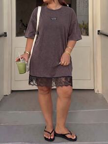 Muchica Plus Size Women's Lace Patchwork Casual Daily Summer Dress - Chocolate Brown - View 7